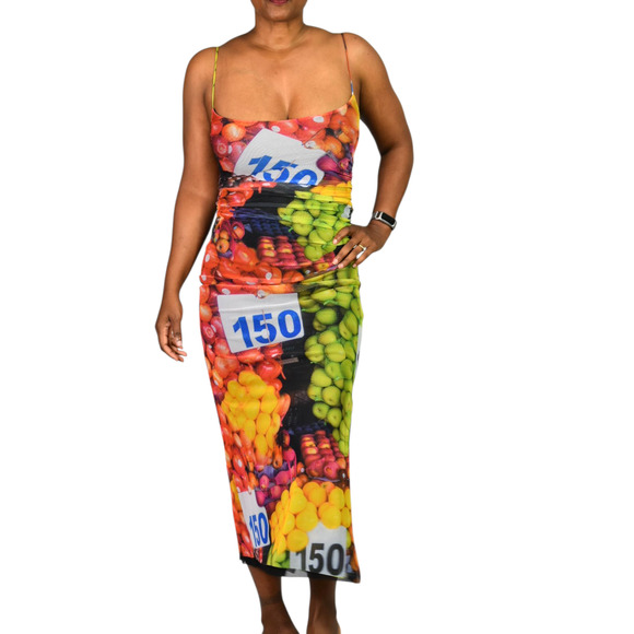 Zara Fruit Market Dress Black Multi Photorealistic Print Slip Midi Column Small - Picture 1 of 14